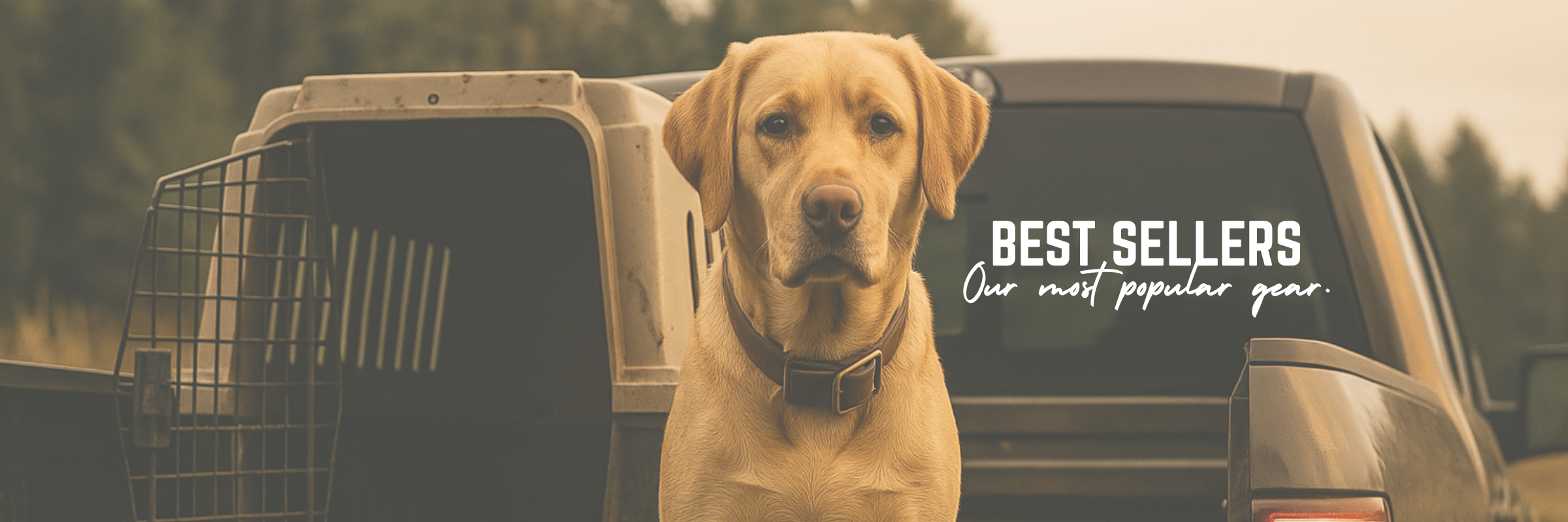 Yellow Labrador hunting dog sitting in the bed of a muddy pickup truck with a kennel and a realistic whitetail shed antler on the tailgate, outdoors in an earthy southern field setting.