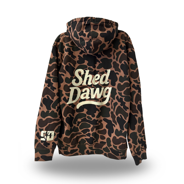 OG Shed Dawg Camo Hoodie – heavy-weight fleece hunting hoodie with Shed Dawg logo on back