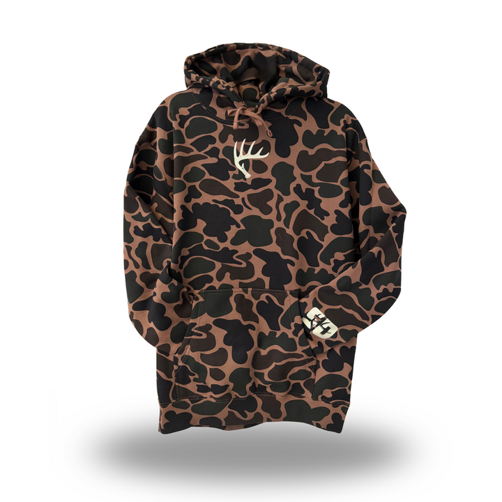 OG Shed Dawg Camo Hoodie – heavyweight camouflage hoodie with fleece-lined hood and antler chest logo