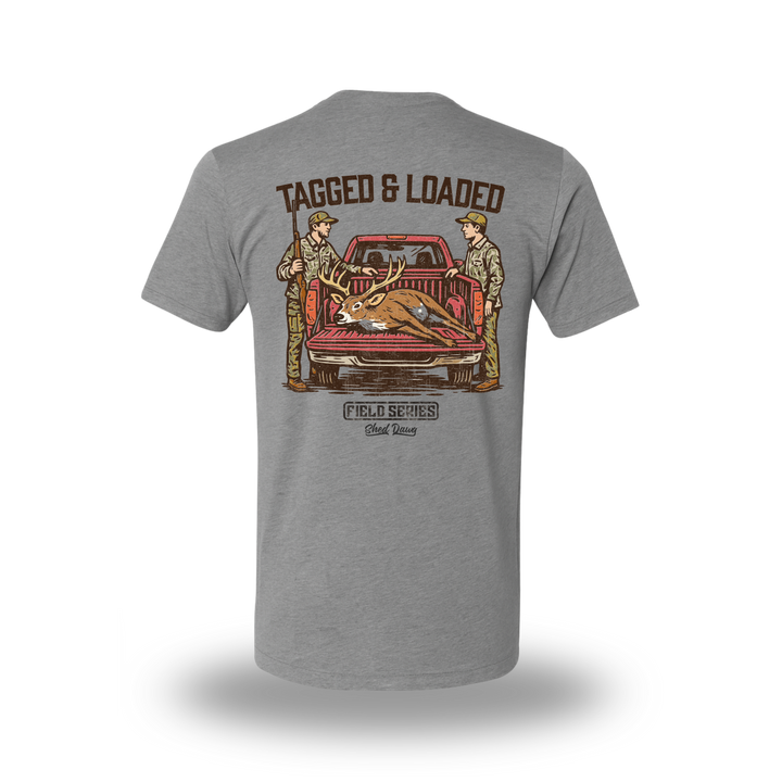 Heather gray hunting t-shirt featuring two hunters and a trophy buck in a truck bed – Field Series Tagged & Loaded by Shed Dawg