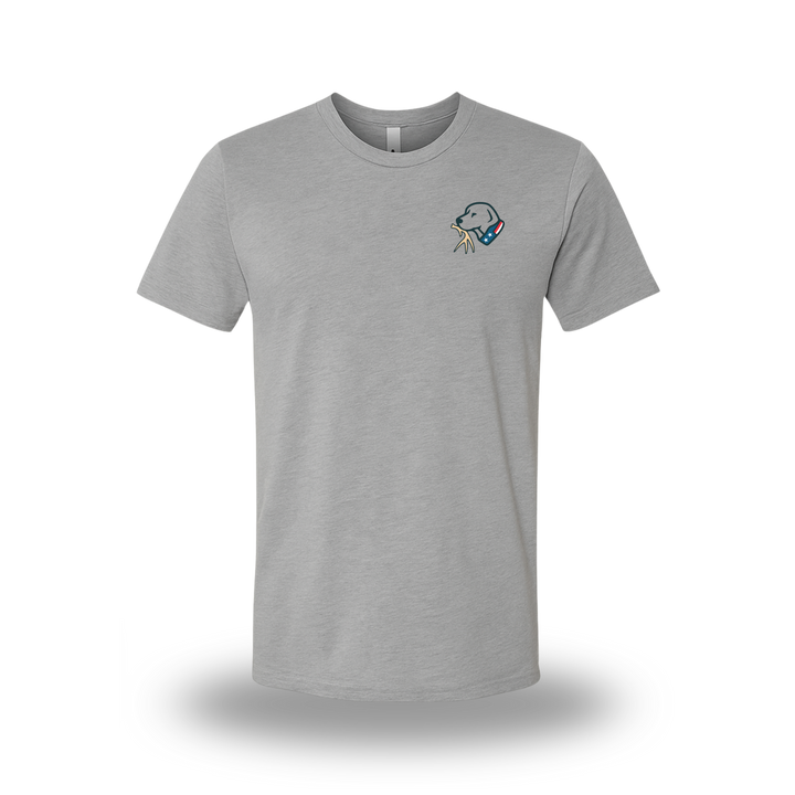 Heather gray hunting t-shirt with small Shed Dawg logo on front left chest