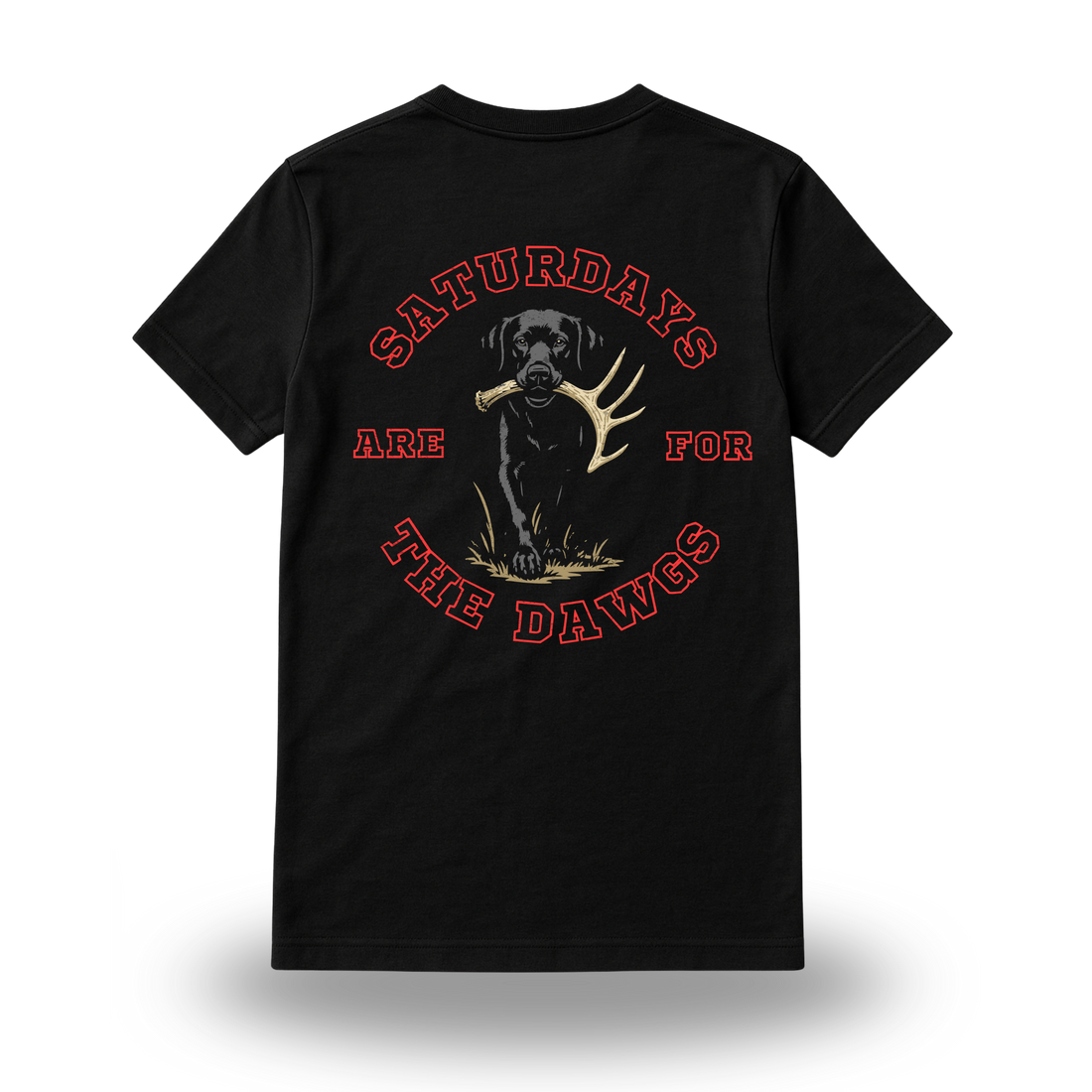 Back design of Shed Dawg Gameday Series tee featuring bold hunting and football-inspired artwork.