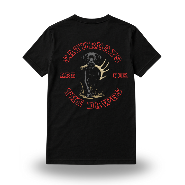 Back design of Shed Dawg Gameday Series tee featuring bold hunting and football-inspired artwork.