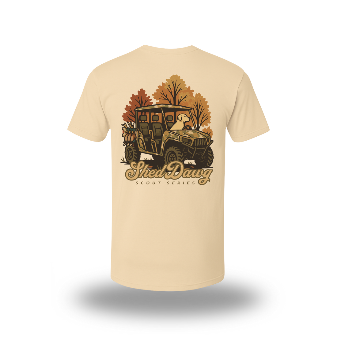 Scout Series hunting t-shirt back view with shed hunting dog and truck graphic – Shed Dawg Apparel American made outdoor apparel
