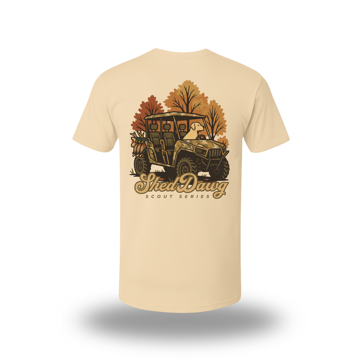 Scout Series hunting t-shirt back view with shed hunting dog and truck graphic – Shed Dawg Apparel American made outdoor apparel