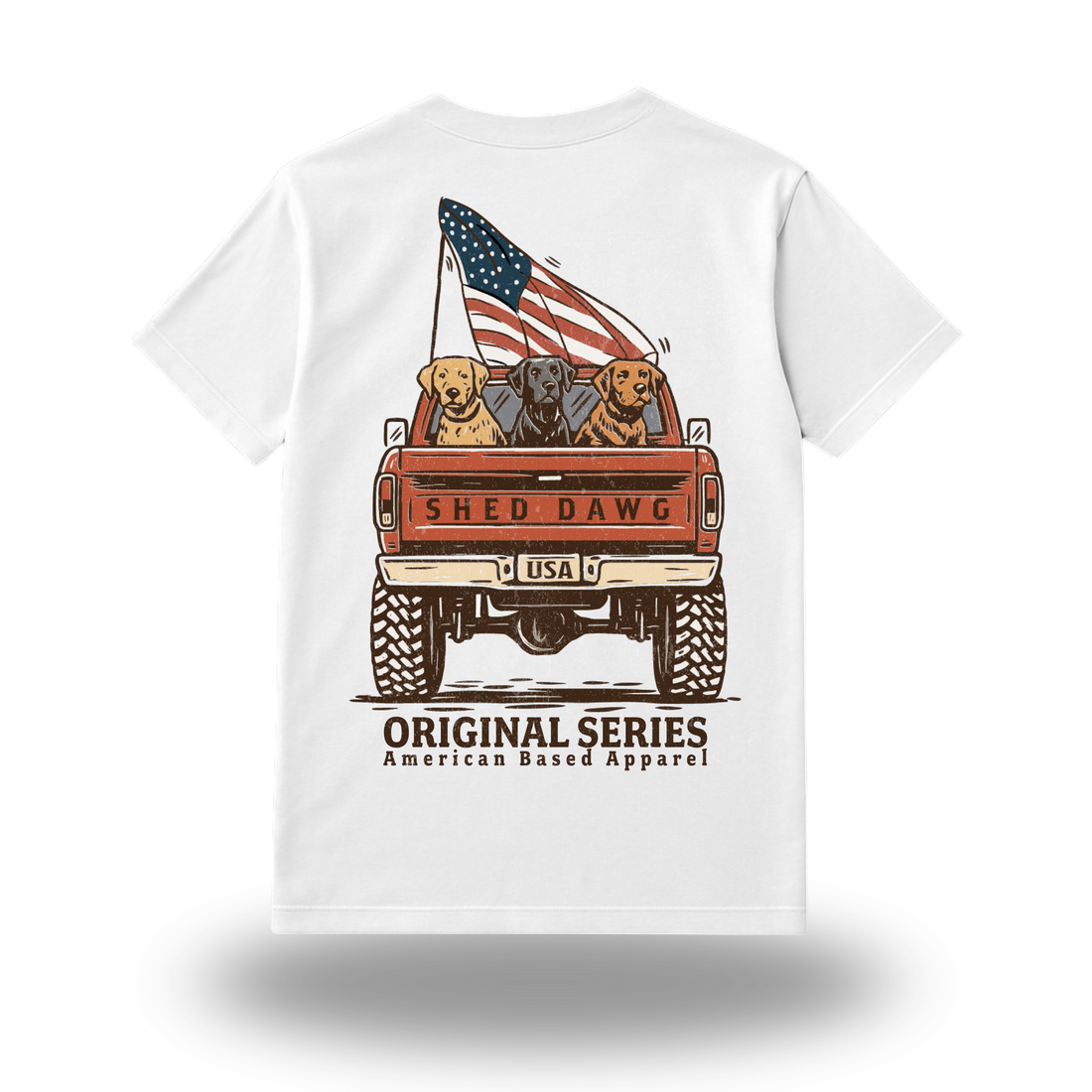 Back view of Shed Dawg Original Series Tee with three retrievers in truck bed and American flag graphic