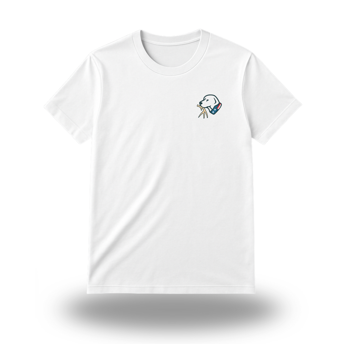 Front view of Shed Dawg Original Series Tee featuring small hunting dog logo on white shirt