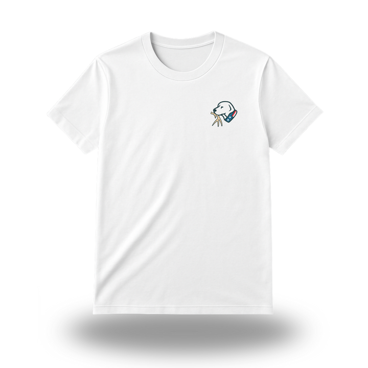 Front view of Shed Dawg Original Series Tee featuring small hunting dog logo on white shirt